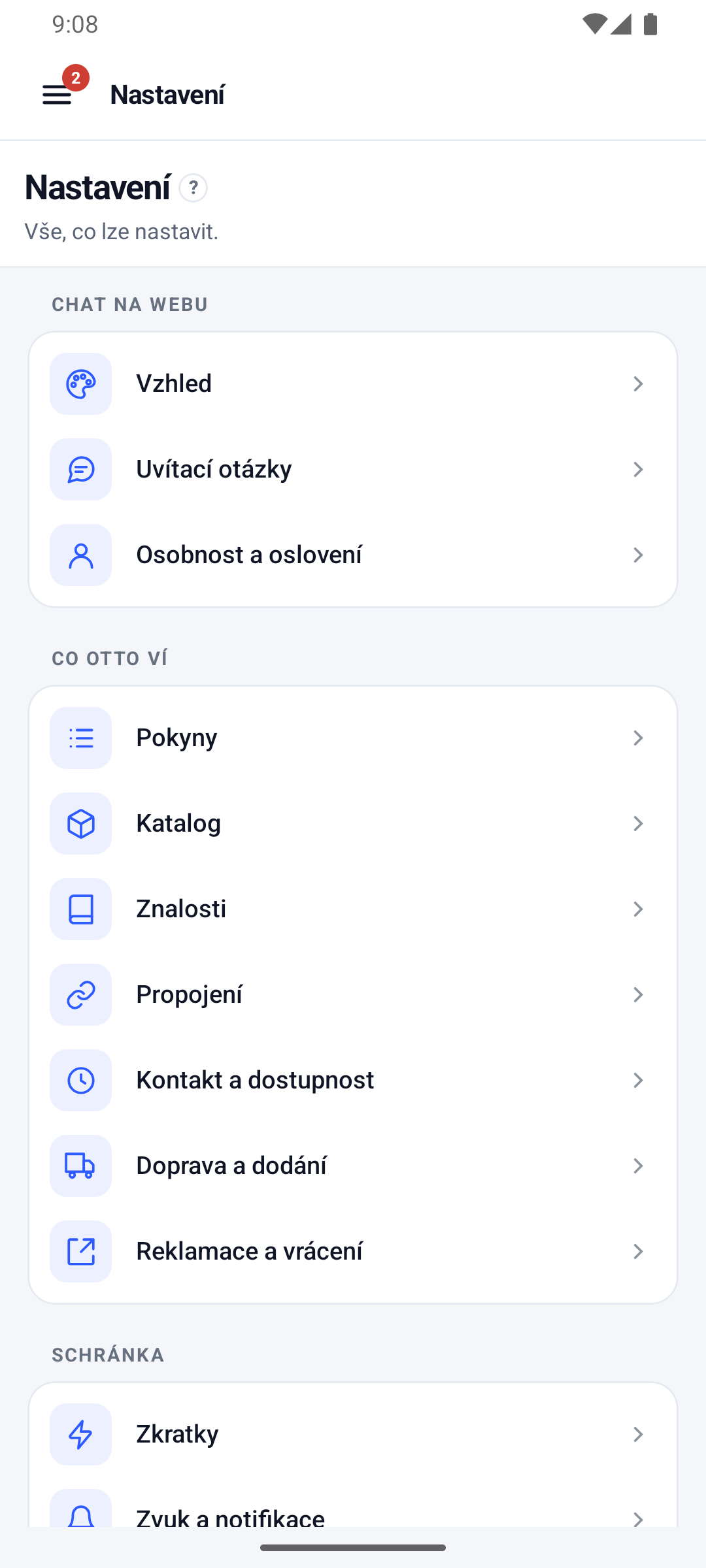 Aplikace pro Android: hlavní menu Nastavení se všemi částmi, od vzhledu chatu po zkratky a notifikace
