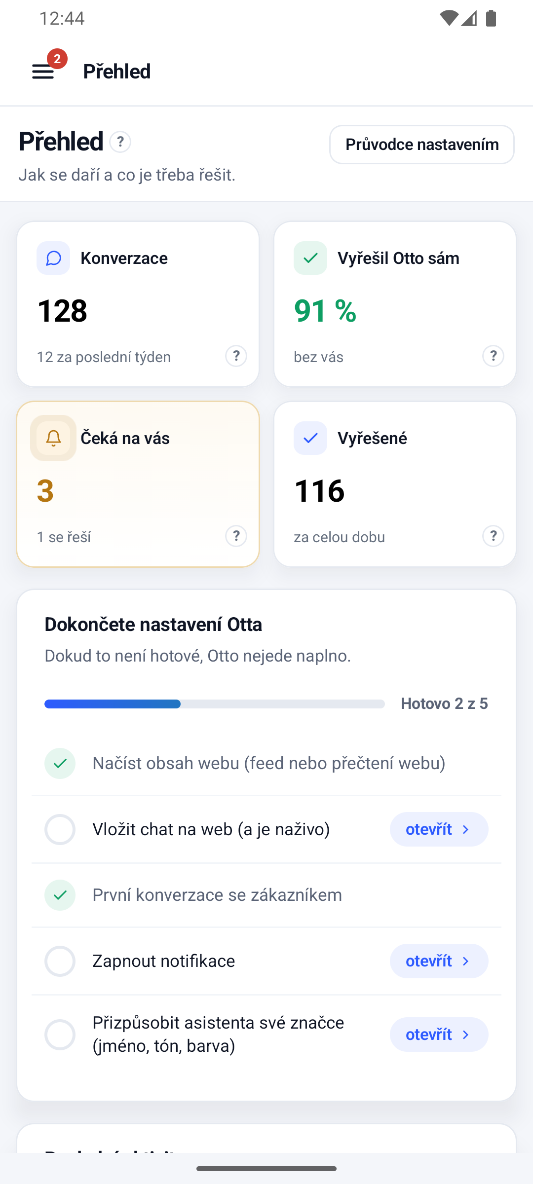 Aplikace pro Android: Přehled se 128 konverzacemi, 91 % vyřešil Otto sám, 3 čekají na vás a co ještě dotáhnout