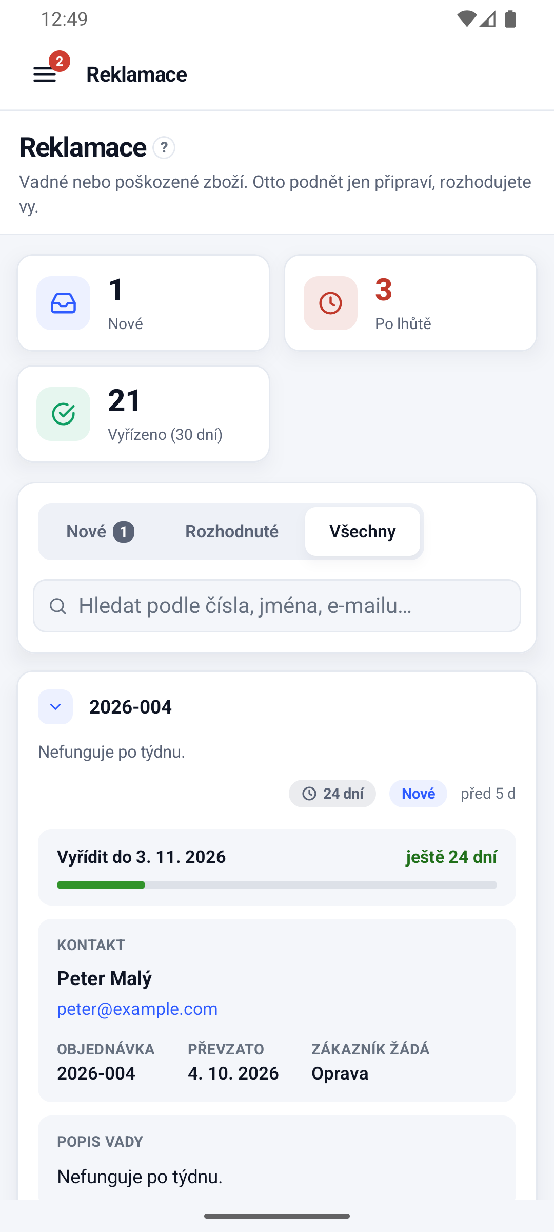 Aplikace pro Android: Reklamace s rozbaleným podnětem k objednávce 2026-004, lhůtou k vyřízení a kontaktem zákazníka
