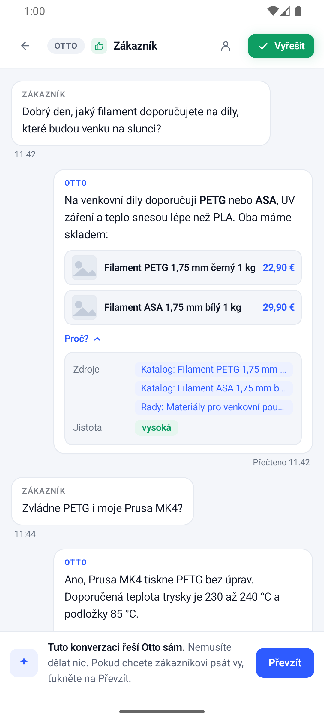Aplikace pro Android: tatáž konverzace o filamentu, rozbalené „Proč?“ se zdroji odpovědi a tlačítko Převzít